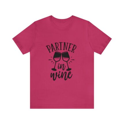 Short sleeve funny t-shirt with two wine glasses toasting and the words partner in wine.